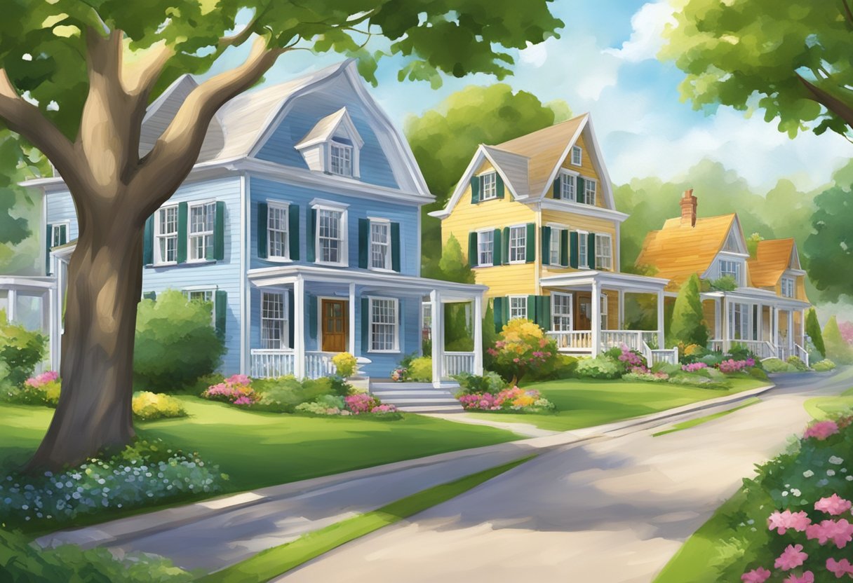 A cozy residential street in Effingham, with charming houses and well-tended gardens, nestled among lush green trees and peaceful surroundings