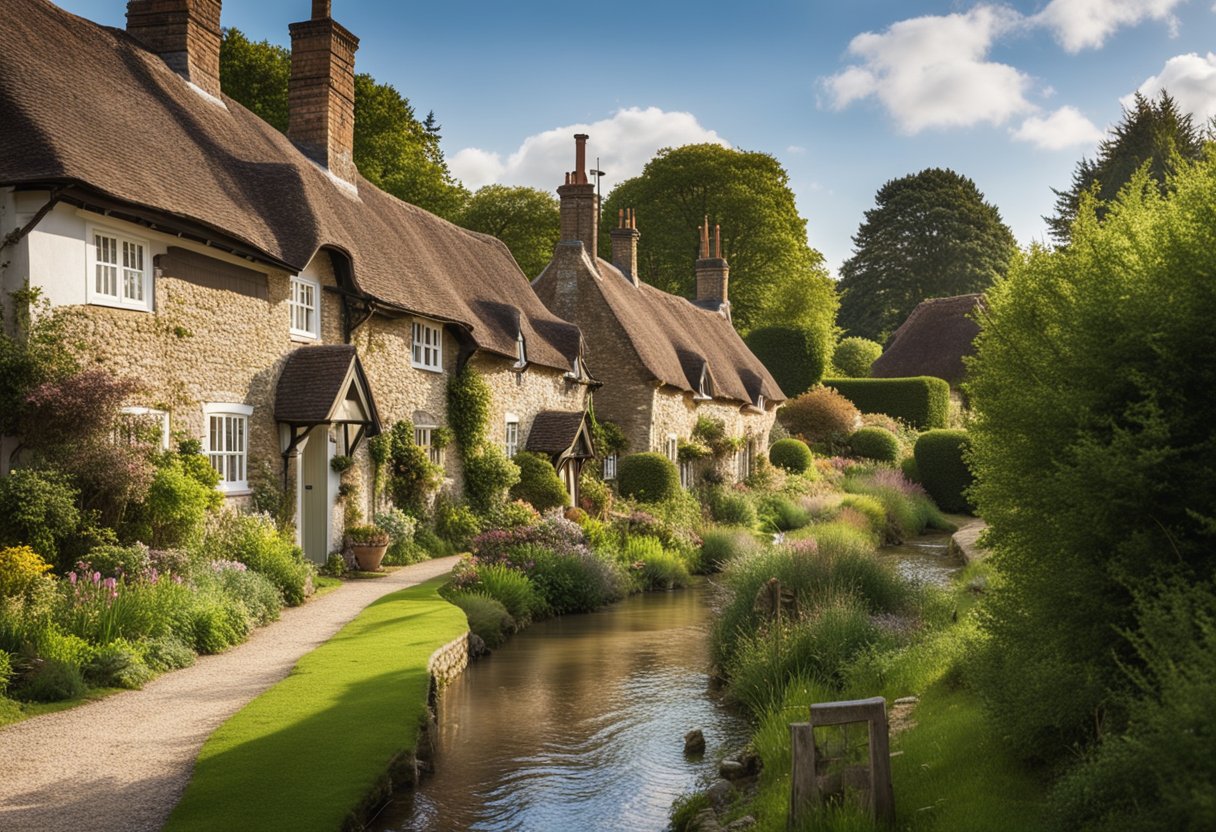 A quaint village scene with old stone cottages, a winding country road, and a peaceful stream flowing through the picturesque landscape of Fetcham