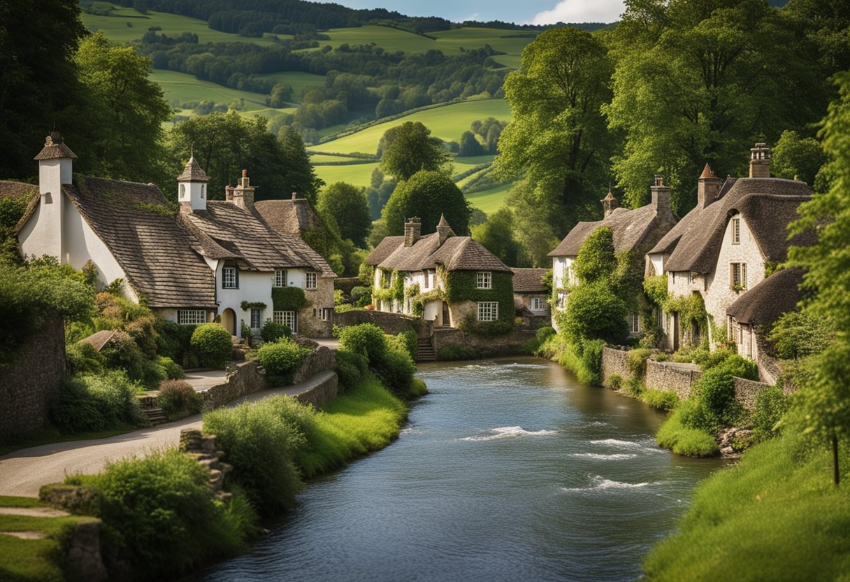 A quaint village nestled in lush countryside, with charming cottages and winding lanes. A peaceful river flows through, connecting the community to the surrounding natural beauty