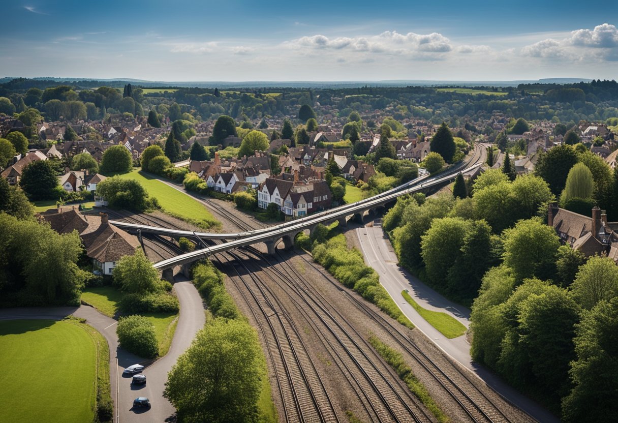 A network of roads and train tracks crisscrossing through the picturesque village of Fetcham, connecting it to the surrounding areas