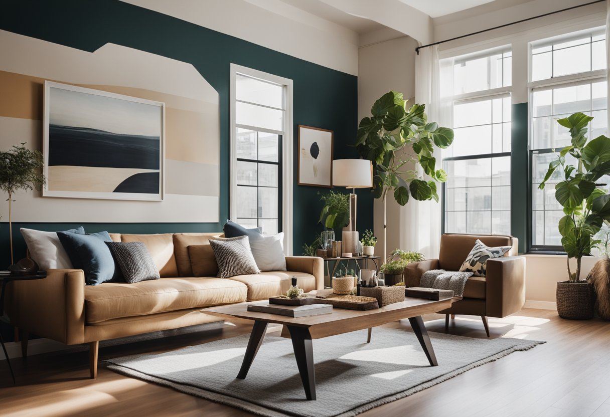 A cozy living room with a bold, painted accent wall, complemented by stylish furniture and decorative accents. Bright natural light filters in through the windows, creating a warm and inviting atmosphere