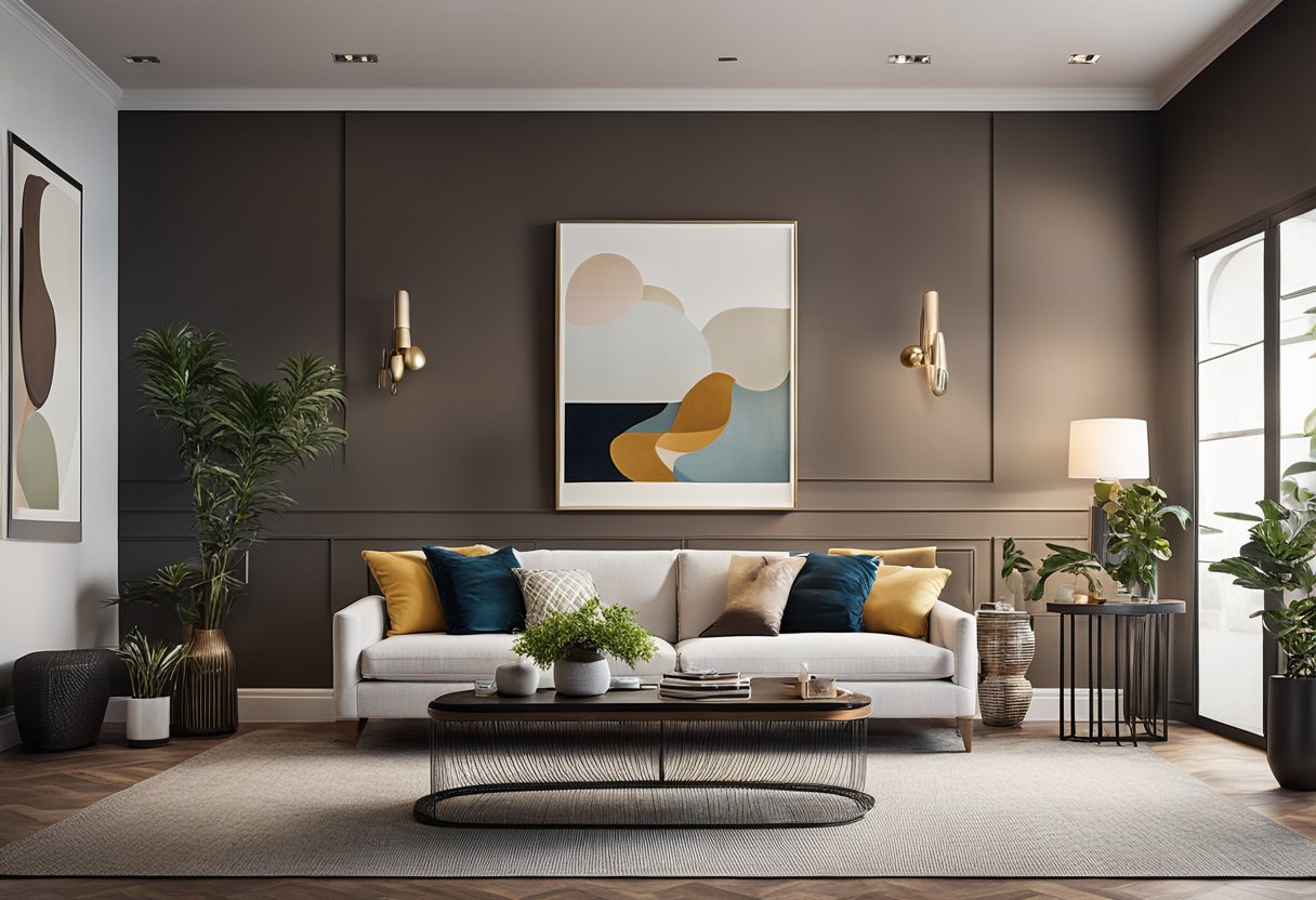A cozy living room with a bold accent wall in a complementary color. The wall is adorned with art and decor, while the room features furniture in coordinating hues