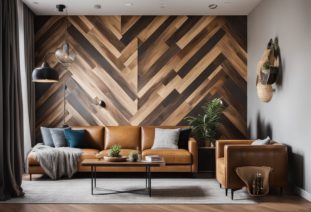A living room with a bold accent wall featuring textured wallpaper or reclaimed wood paneling, complemented by cozy seating and modern decor
