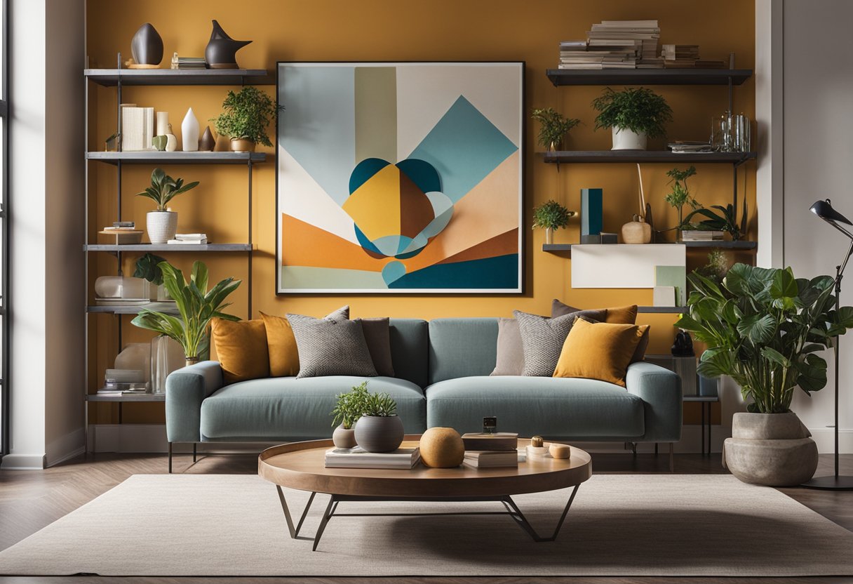 A colorful array of artwork adorns the accent wall, while sleek shelving units display decorative pieces, books, and plants, creating a visually striking and functional focal point in the living room