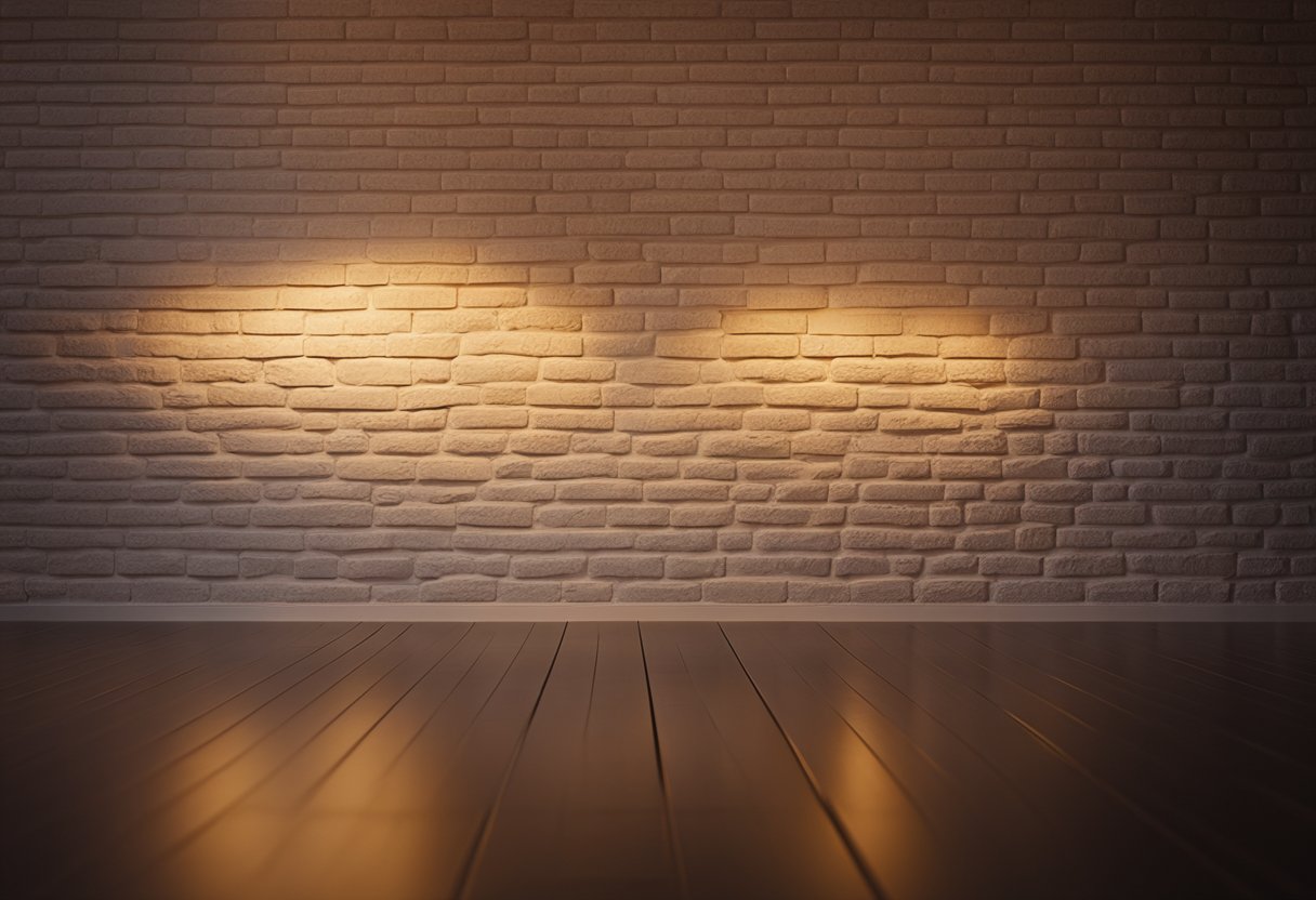 A soft spotlight illuminates the textured accent wall, casting a warm glow across the room. Subtle uplighting highlights the wall's unique features, creating a cozy and inviting atmosphere