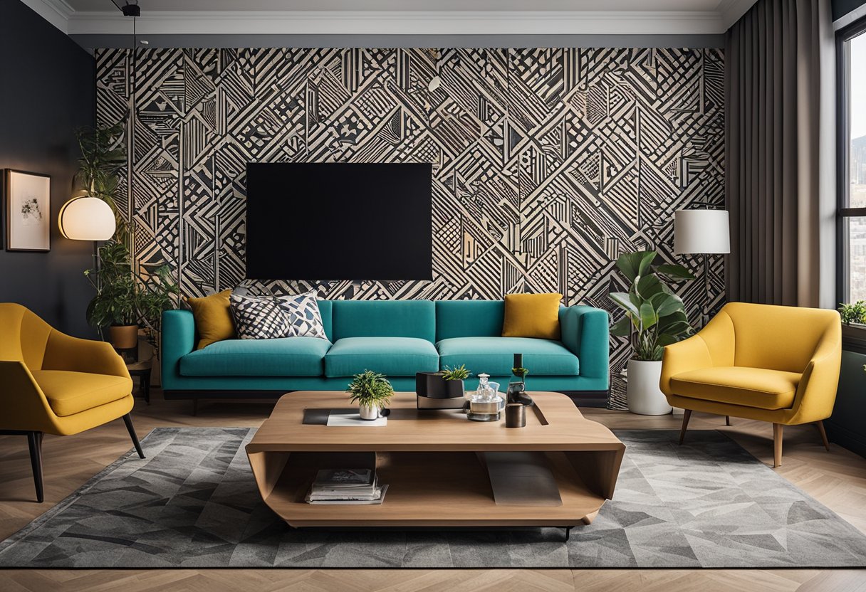 A living room with a bold accent wall featuring geometric patterns and vibrant colors. Furniture is arranged to showcase the wall as the focal point of the room