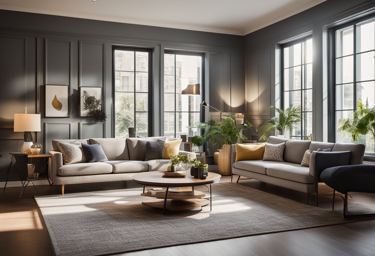 A cozy living room with a bold, patterned accent wall, complemented by stylish furniture and decor. Natural light spills in through large windows, creating a warm and inviting atmosphere