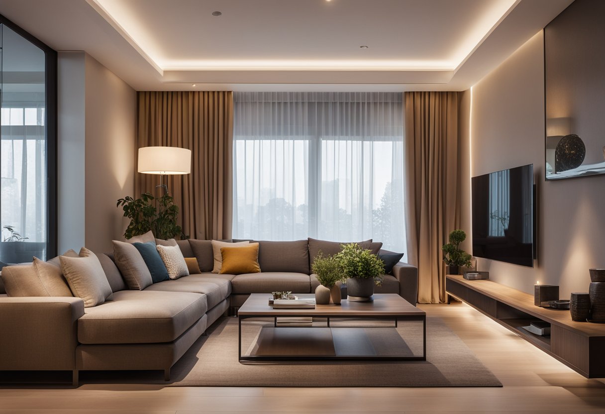 The living room is illuminated by a combination of recessed ceiling lights, a floor lamp, and a table lamp. The warm glow creates a cozy and inviting atmosphere