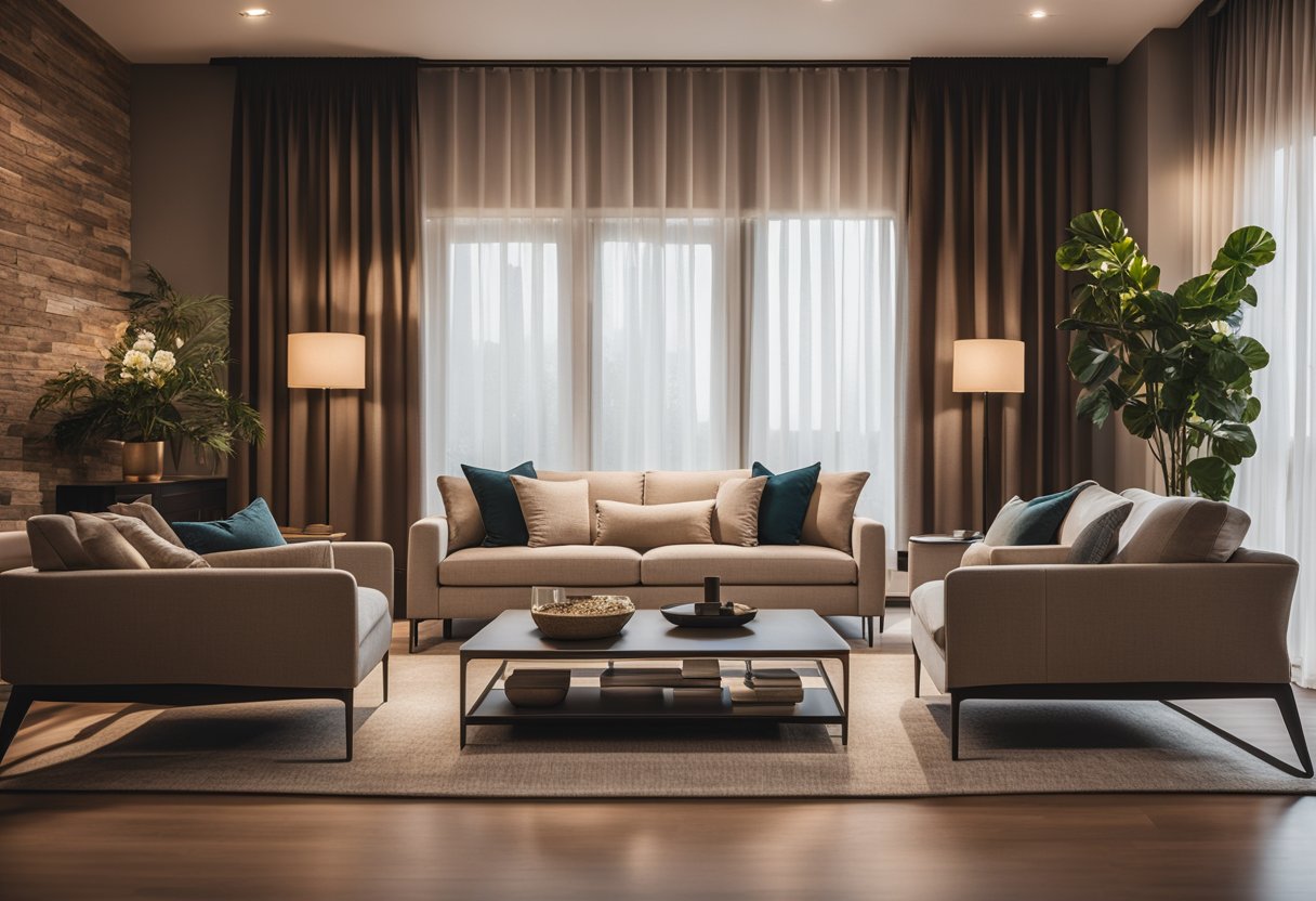 A cozy living room with warm, ambient lighting from strategically placed floor lamps and recessed ceiling lights. Subtle accent lighting highlights artwork and decor