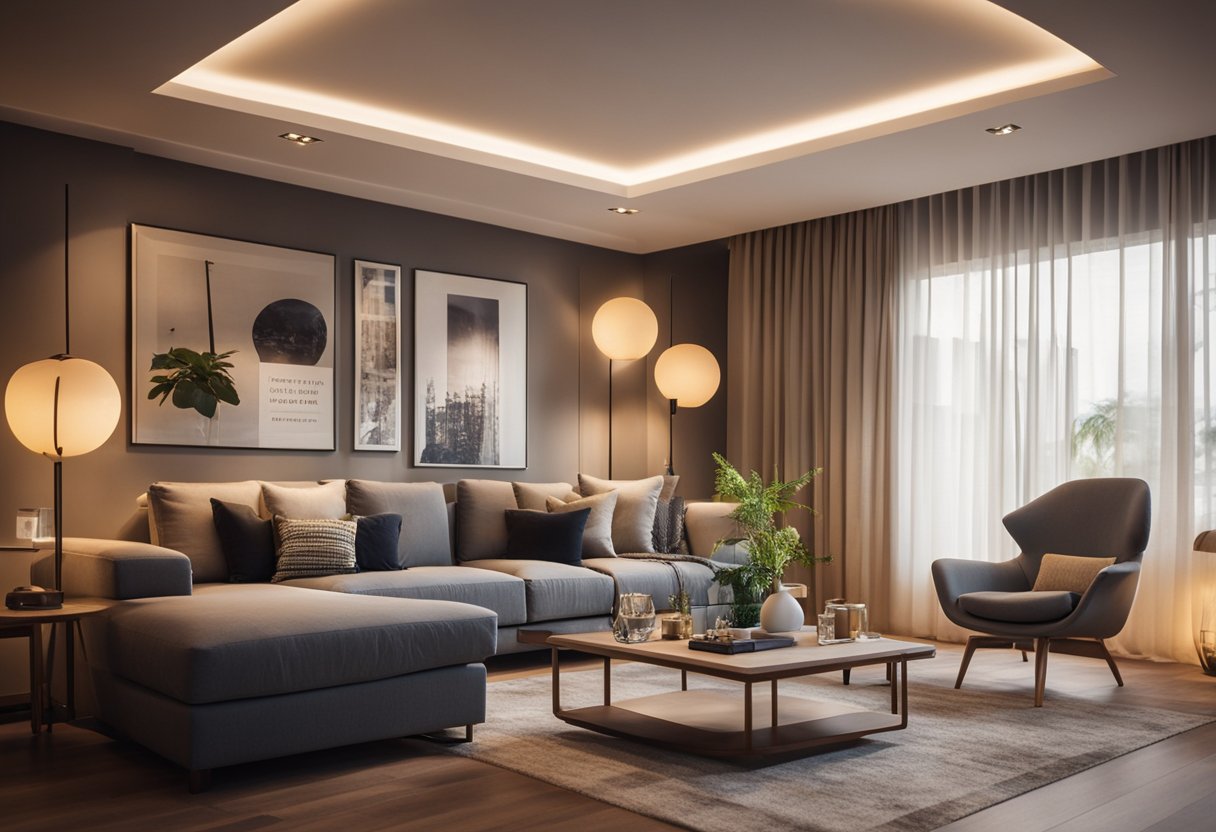 The living room is illuminated by a warm, soft glow from recessed ceiling lights and strategically placed floor lamps, creating a cozy and inviting atmosphere