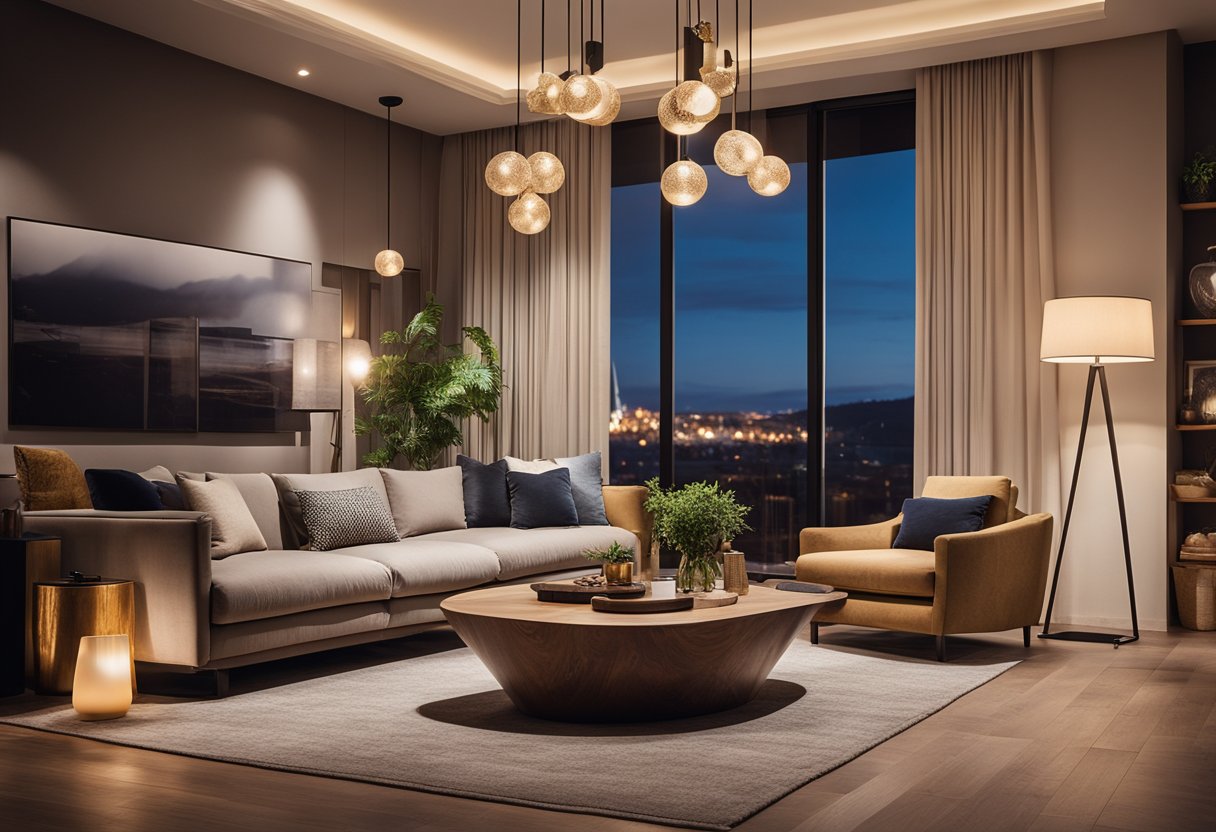 A cozy living room with warm, ambient lighting from decorative fixtures. A mix of floor lamps, table lamps, and pendant lights create a welcoming and stylish atmosphere