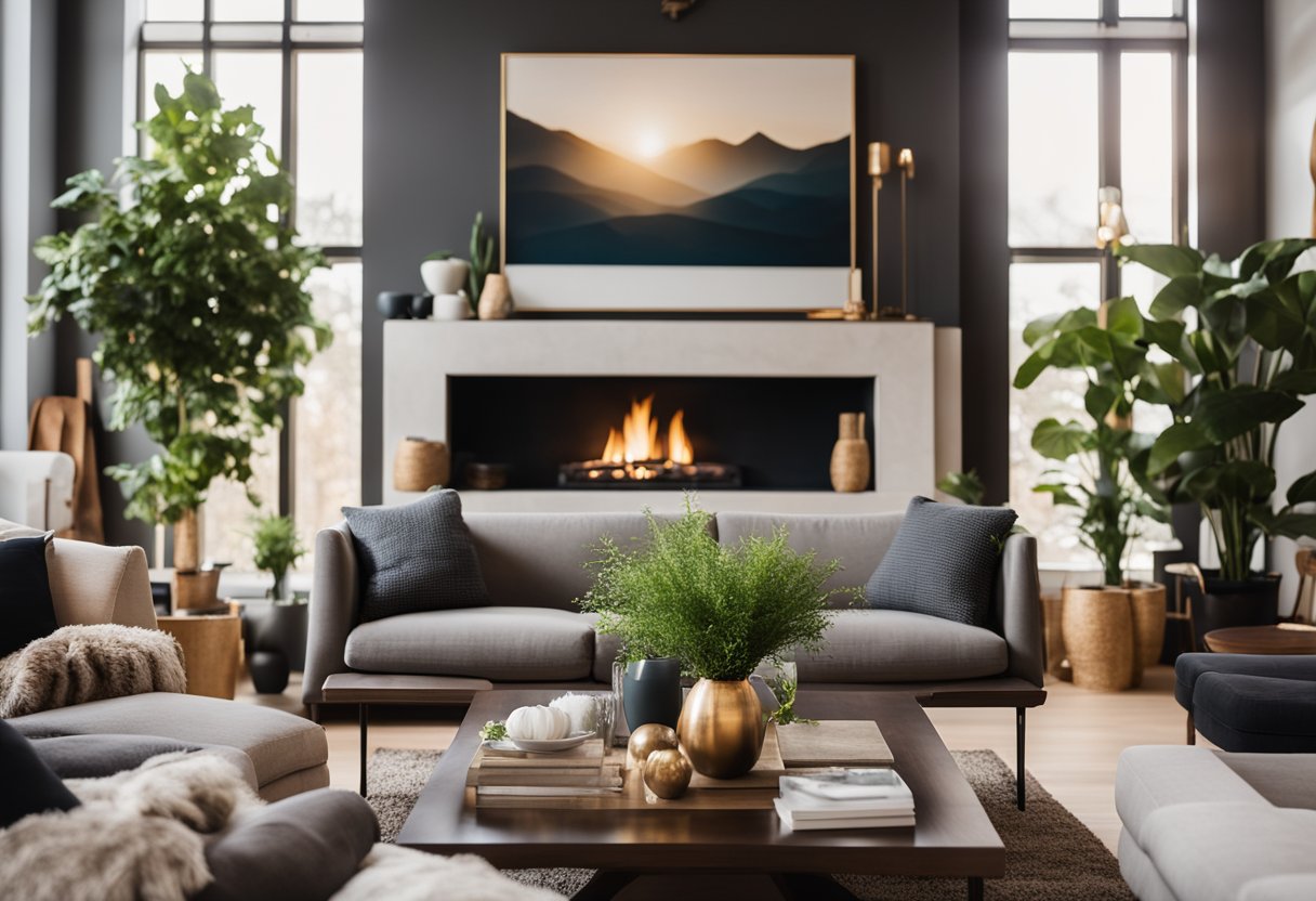 A cozy living room with comfortable seating, warm lighting, and a focal point such as a fireplace or large piece of artwork. Plants and decorative accents add a personal touch