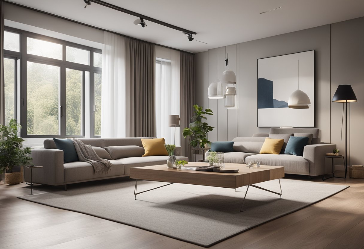 A spacious living room with minimalistic furniture arranged for socializing and entertainment. Large windows let in natural light, creating a warm and inviting atmosphere