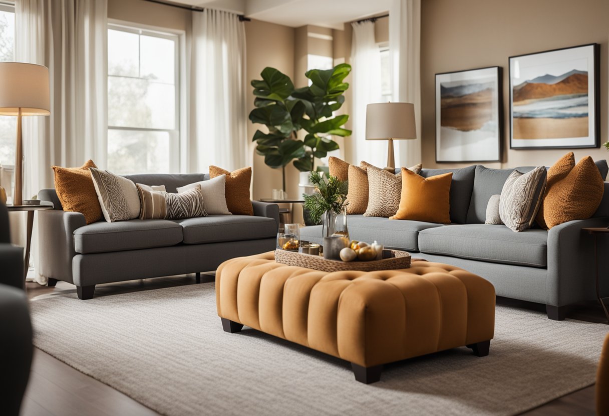 A cozy living room with warm earth tones, plush seating, and pops of vibrant color in the form of accent pillows and artwork
