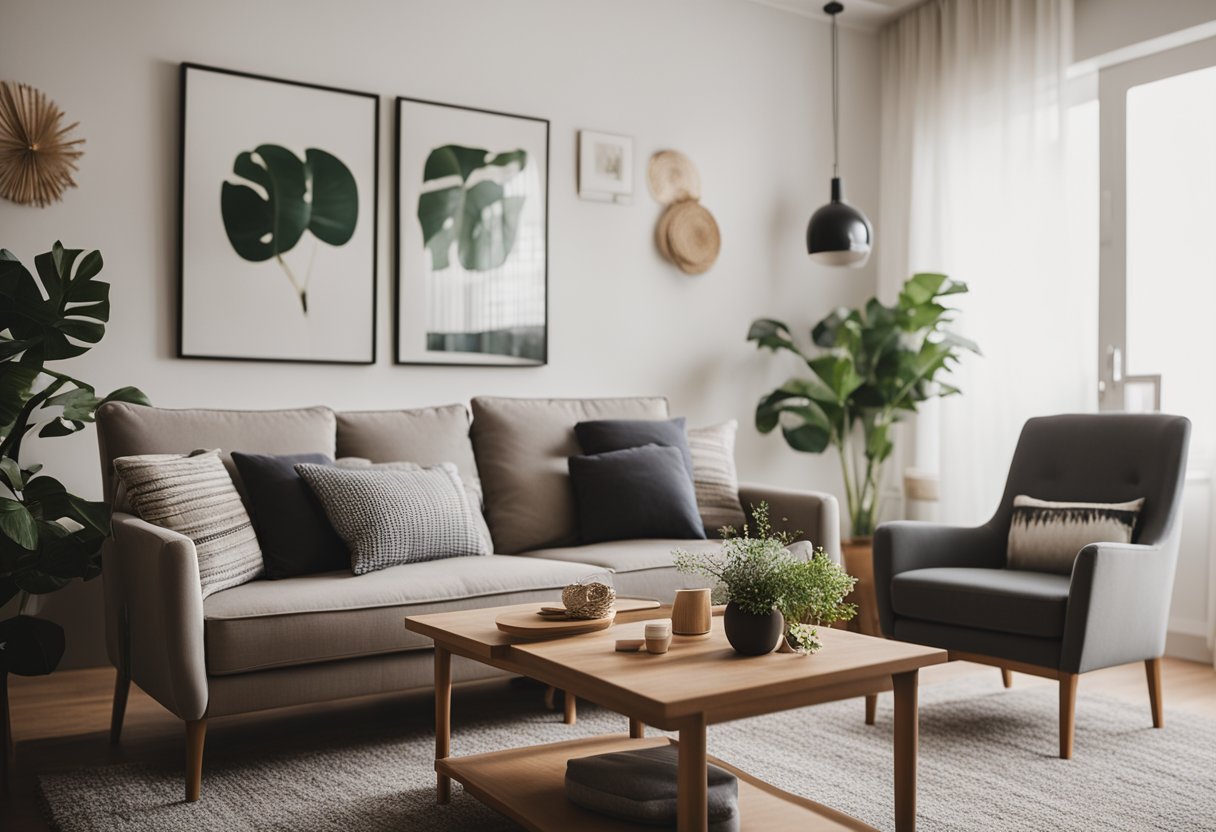 A person arranging cozy chairs and a stylish sofa in a living room, adding decorative pillows and a coffee table for a comfortable and inviting gathering space