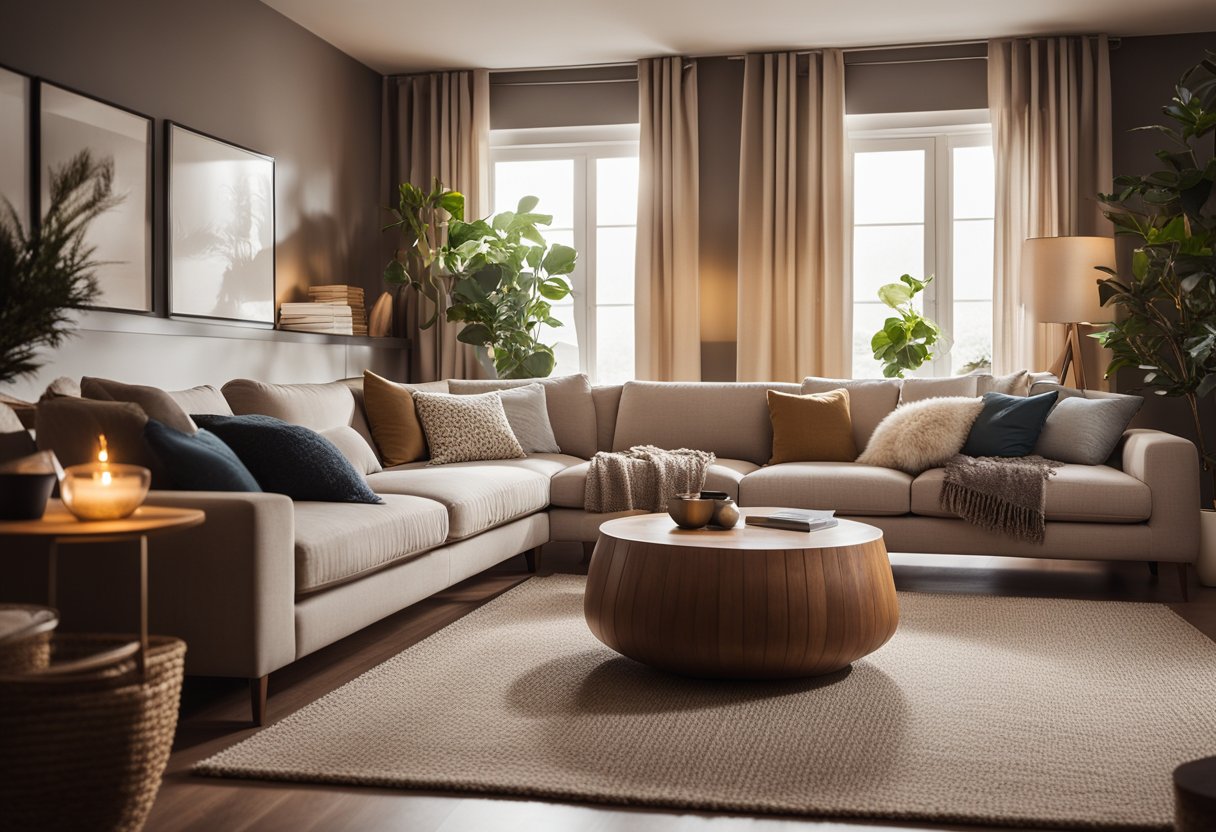 A cozy living room with warm, ambient lighting from multiple sources, casting soft shadows and creating a welcoming atmosphere for socializing and relaxation