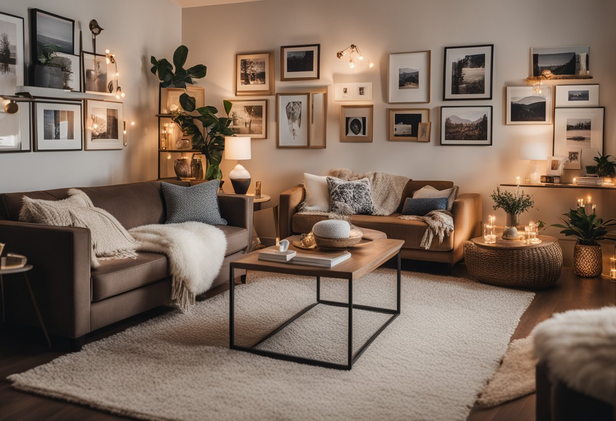 A cozy living room with warm lighting, plush throw pillows, and a gallery wall of family photos. A bookshelf filled with personal mementos and a cozy rug complete the inviting space