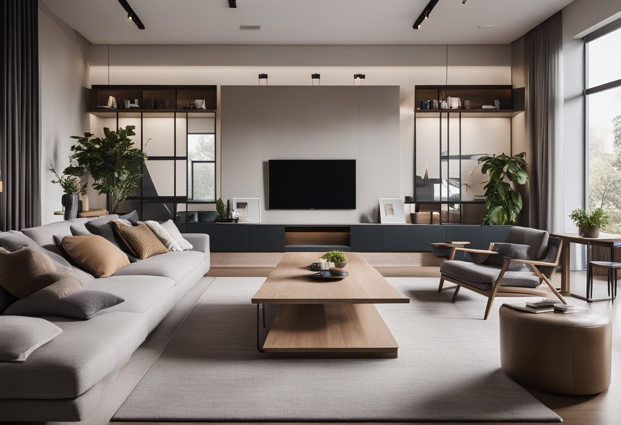 A modern living room with smart home devices, sleek furniture, and integrated technology creating a cozy and functional gathering space