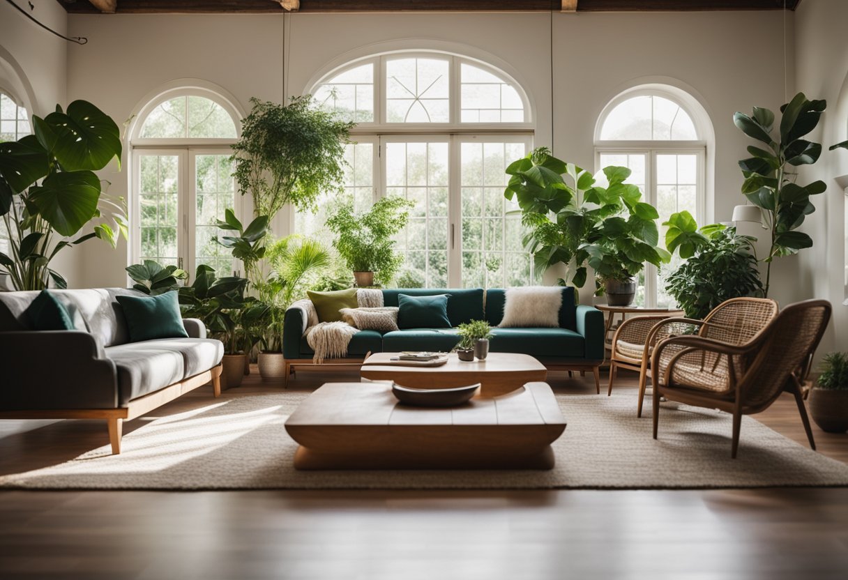 A cozy living room with lush green plants, wood furniture, and natural light streaming in through large windows. A comfortable gathering space for friends and family