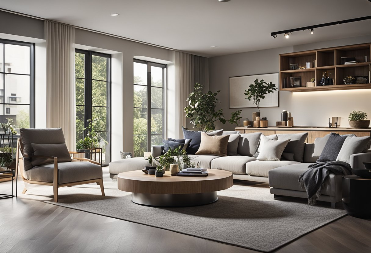 A spacious living room with minimal furniture and clean lines. Natural light floods the room, highlighting the open space for gathering and conversation