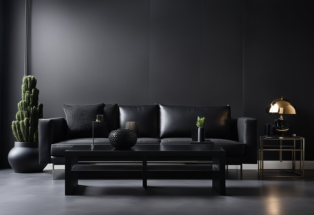 A sleek black sofa sits against a charcoal accent wall, contrasted by a glossy black coffee table and matte black floor lamps. A textured black rug anchors the space, while metallic accents add depth and interest to the monochromatic palette