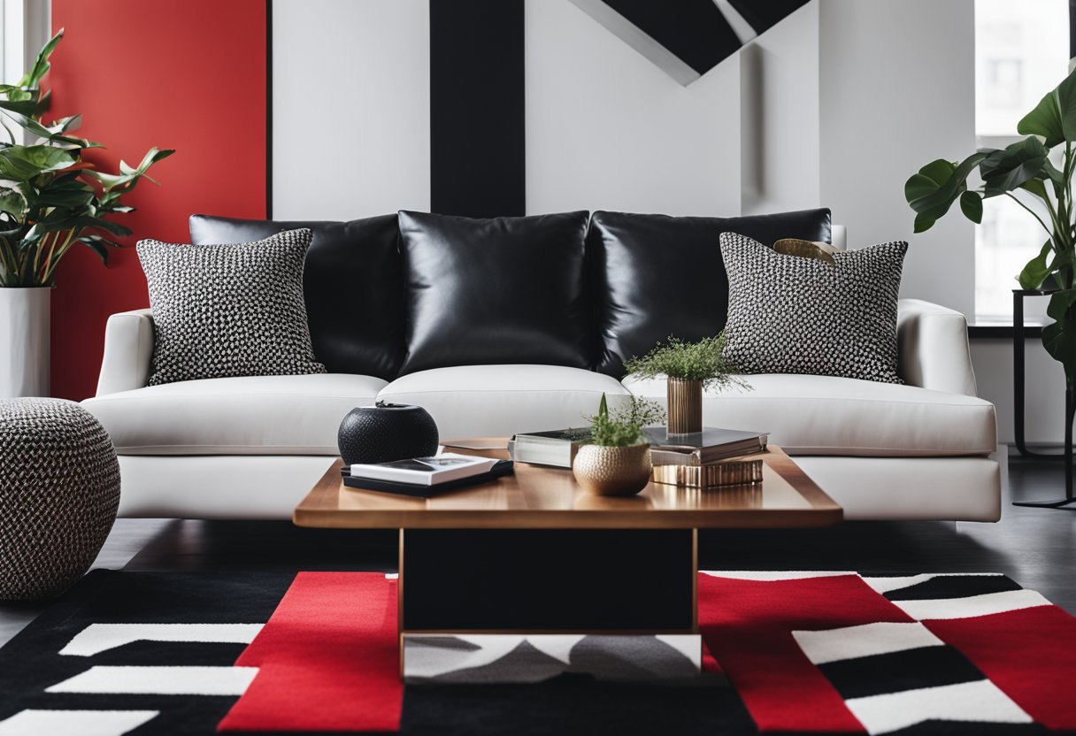 A black leather sofa sits in a modern living room with white walls and a bold red accent wall. A black and white geometric rug anchors the space, while metallic accents add a touch of glamour