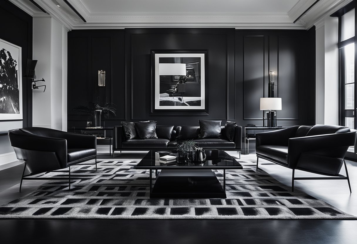 A black leather sofa sits in the center of the room, surrounded by sleek black coffee tables and matching armchairs. The walls are adorned with modern black and white artwork, while a plush black rug ties the room together