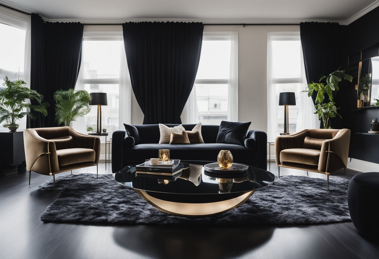 A black living room with plush velvet sofas, satin throw pillows, and a shaggy rug. Glossy black curtains drape the windows, and a sleek coffee table sits in the center