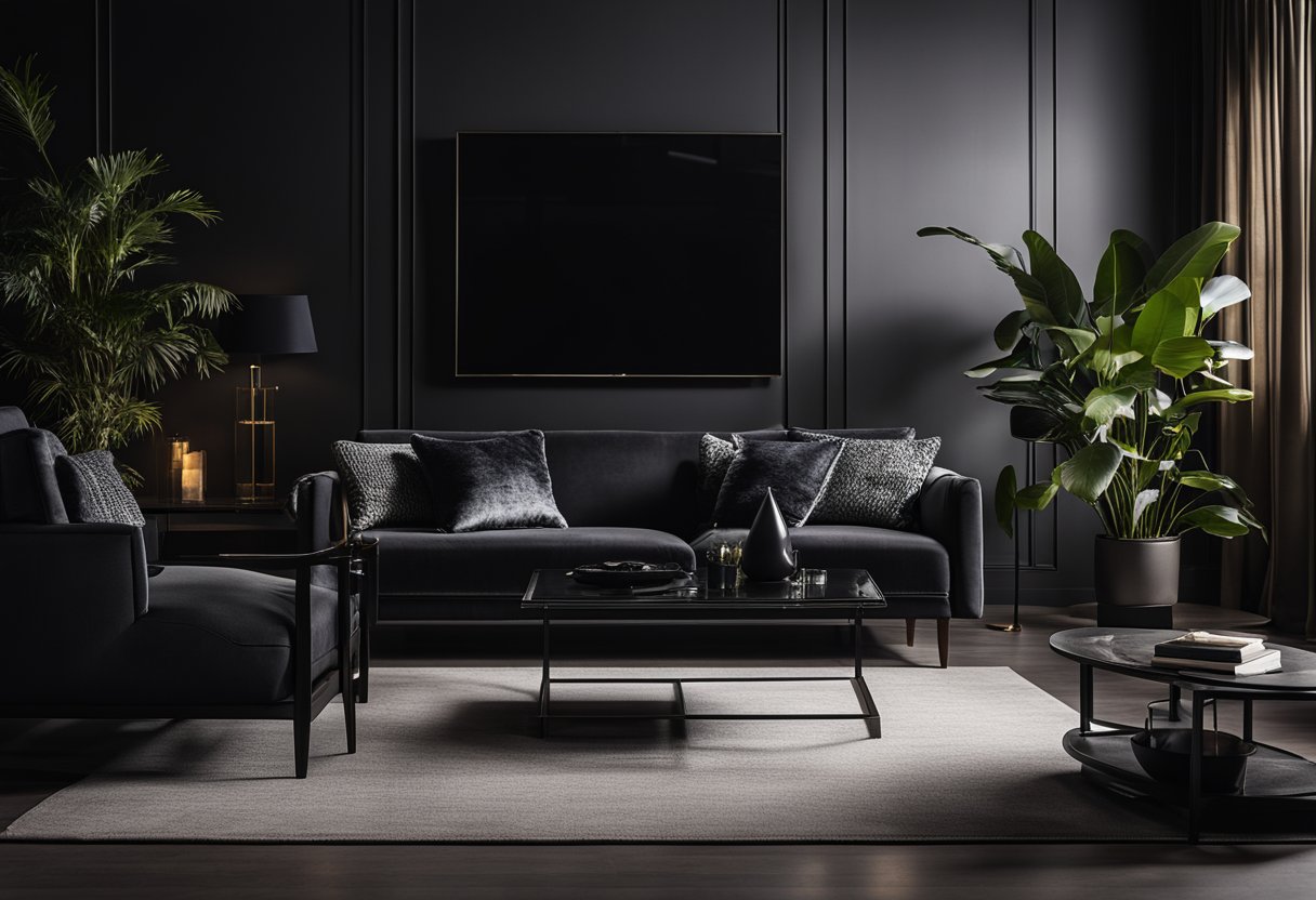 A black living room with dim lighting, casting shadows on sleek furniture. The ambiance is modern and sophisticated, with a hint of mystery