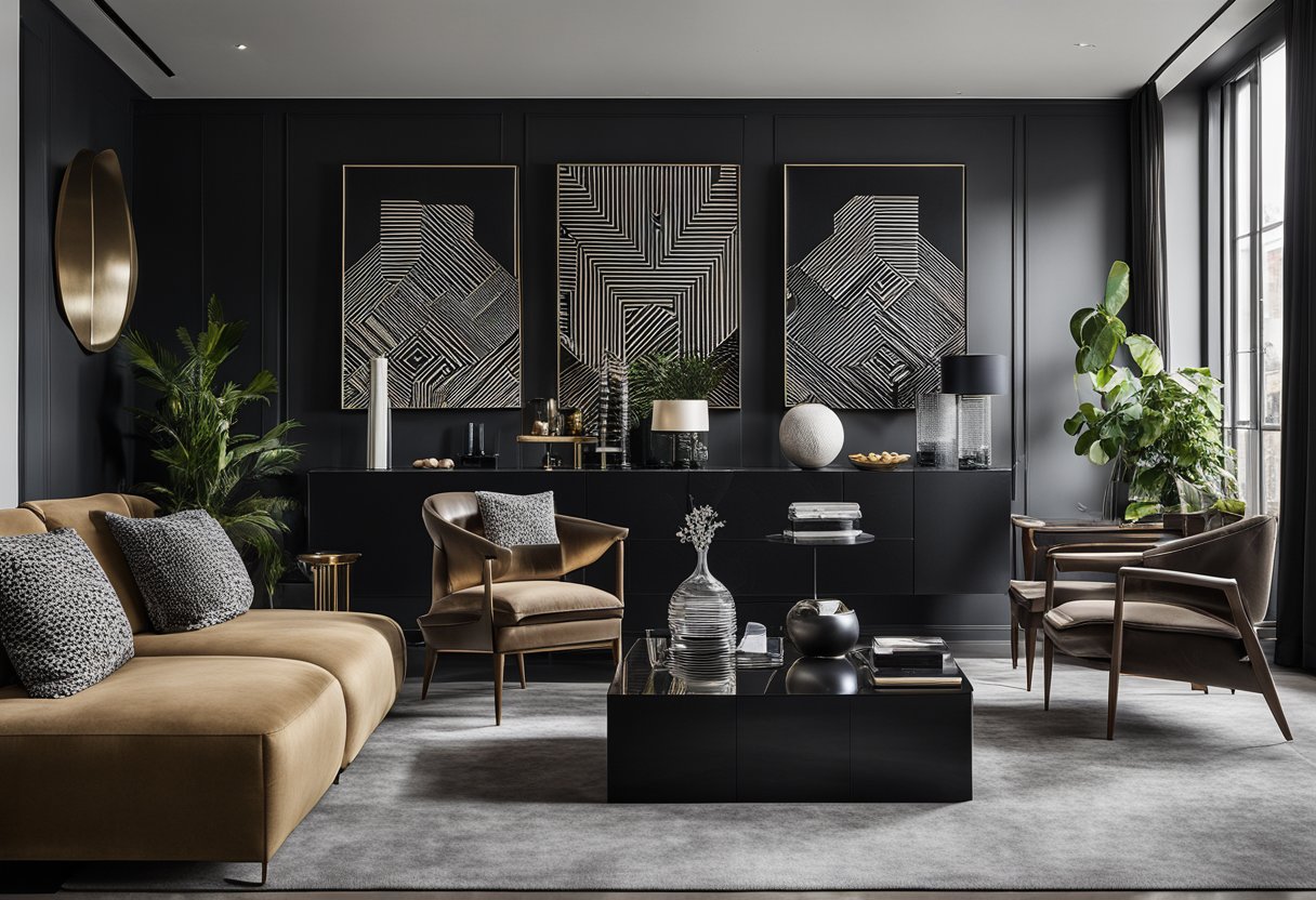 A black living room with textured walls and bold art pieces. A mix of abstract and geometric patterns. Clean lines and modern furnishings