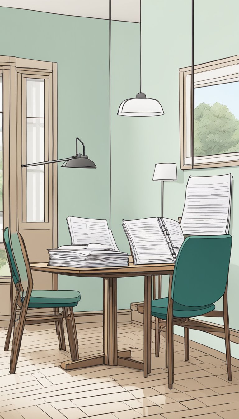 A table with two chairs facing each other, a mediator's notebook and pen, and a stack of HOA documents