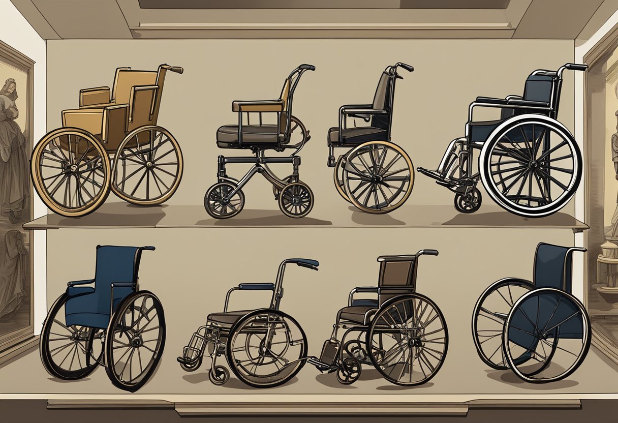 A collection of antique manual wheelchairs displayed in a museum, showcasing the evolution of mobility aids throughout history