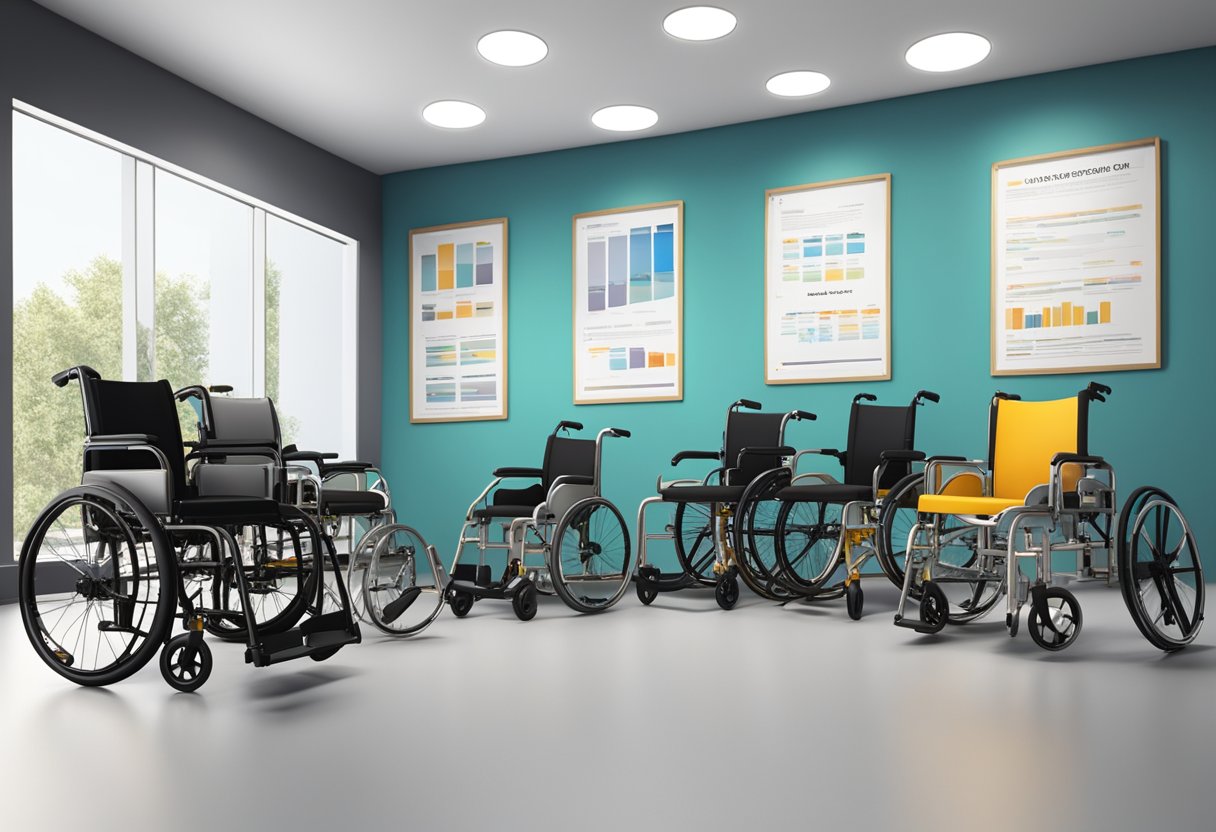 A variety of manual wheelchairs arranged in a showroom with FAQ posters in the background