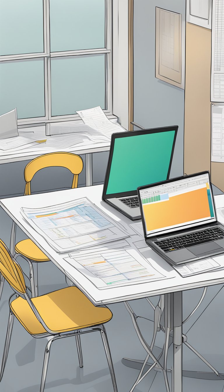 A table with two chairs facing each other, a stack of documents, and a laptop open with a spreadsheet on the screen