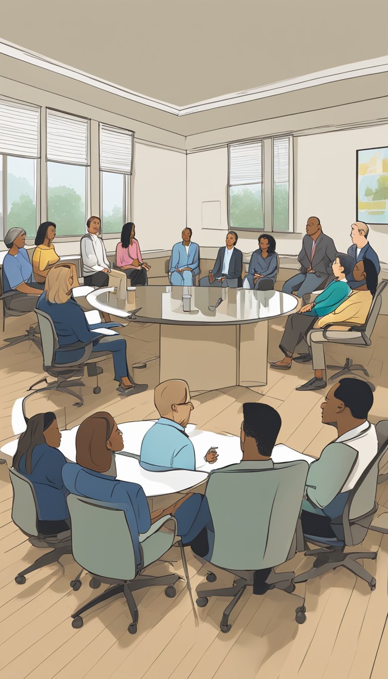 A group of homeowners and HOA representatives sit around a table in a neutral mediation room. A mediator facilitates the discussion as both parties work towards reaching a resolution