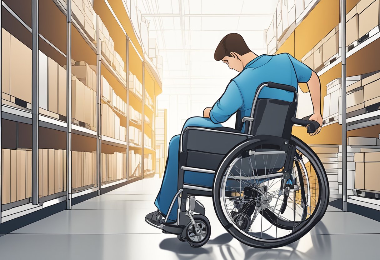 A person adjusting the height and angle of a manual wheelchair seat, while another person examines the wheels and tires for any signs of wear or damage