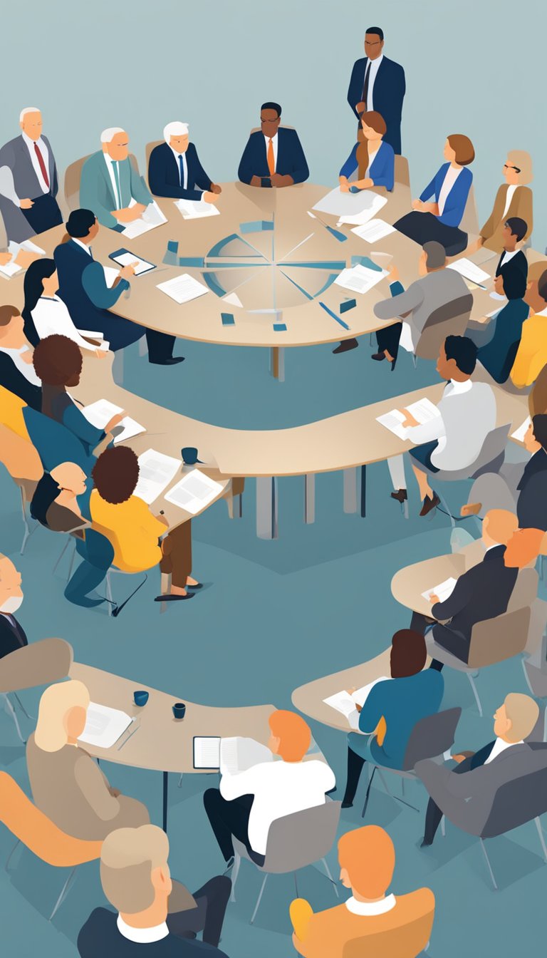 A round table discussion with diverse stakeholders, representing HOA members, mediators, and legal advisors, in a neutral and professional setting