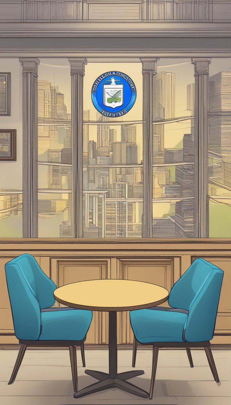 A table with two chairs facing each other, a stack of documents, and a pen. A mediator's badge and a HOA logo are displayed on the wall