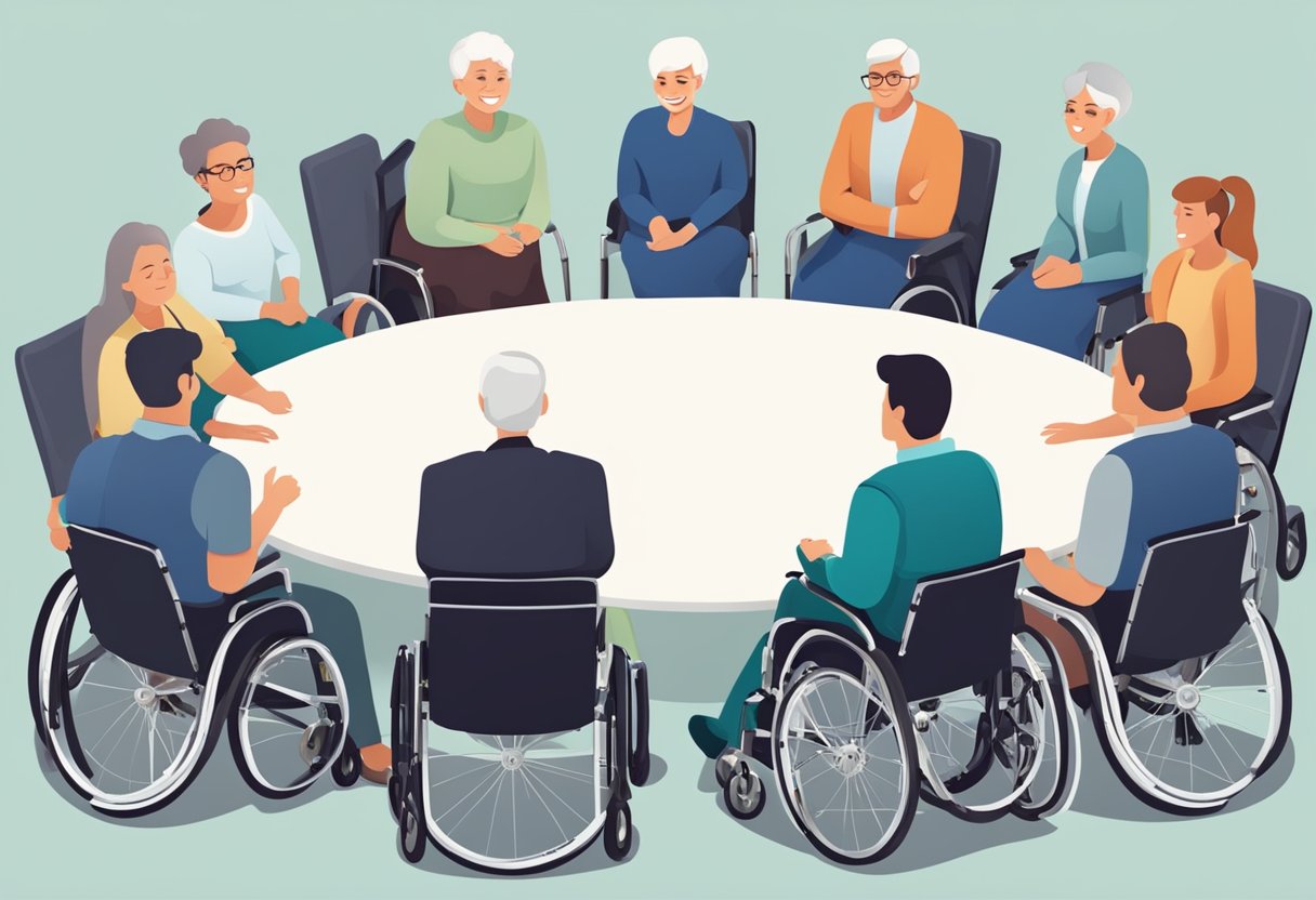 A group of manual wheelchairs arranged in a circle with people gathered around, discussing and asking questions about their features and benefits