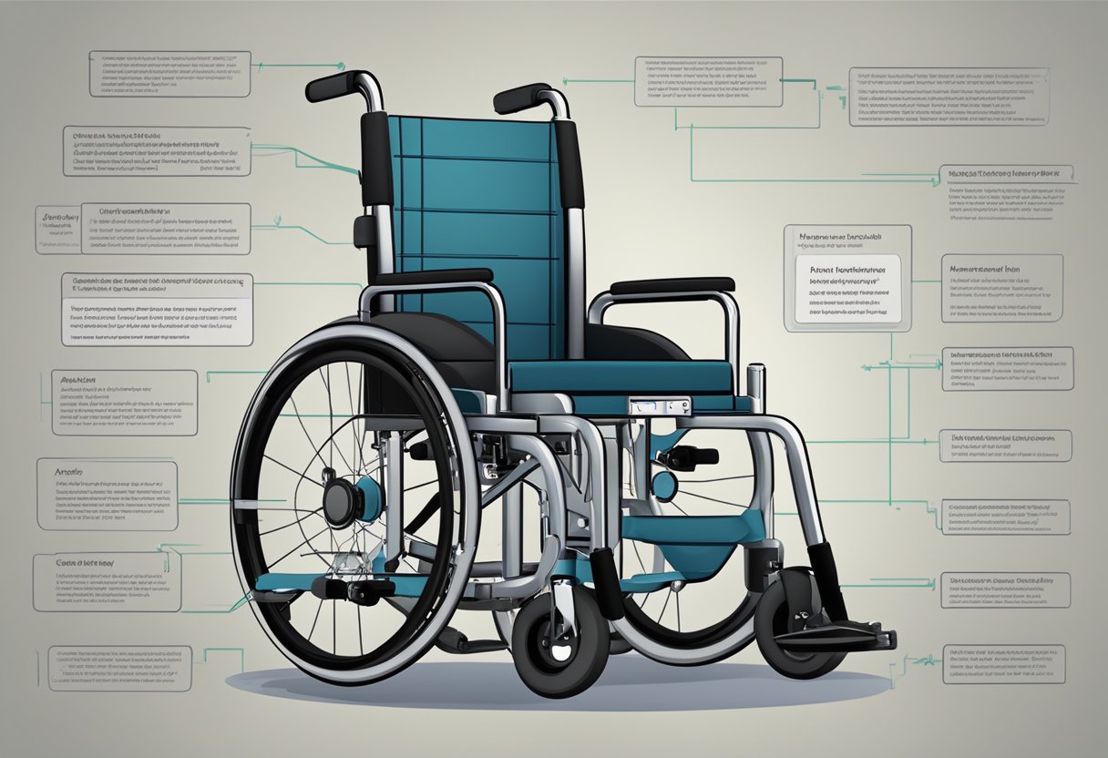 A manual wheelchair with accessible features and safety considerations, surrounded by frequently asked questions about health