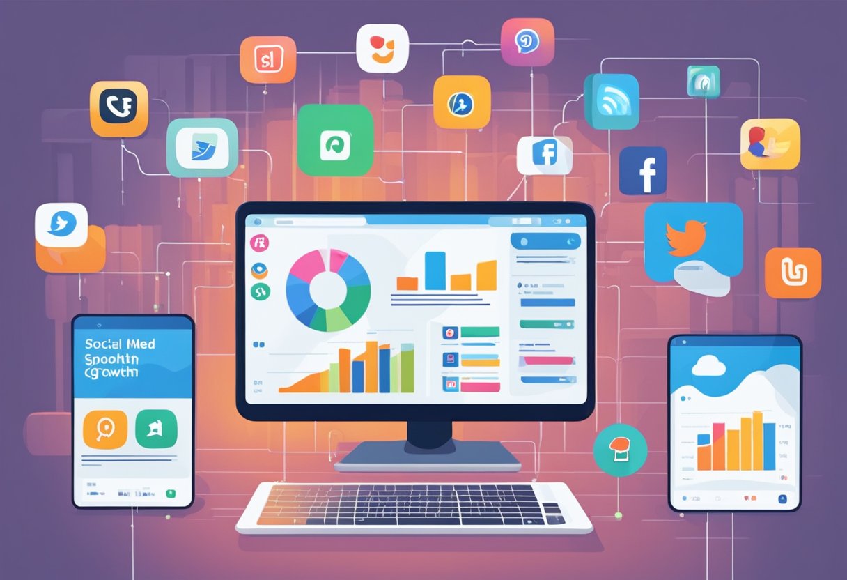 A computer screen displaying various social media platforms being managed by a person. Graphs and charts show engagement and growth