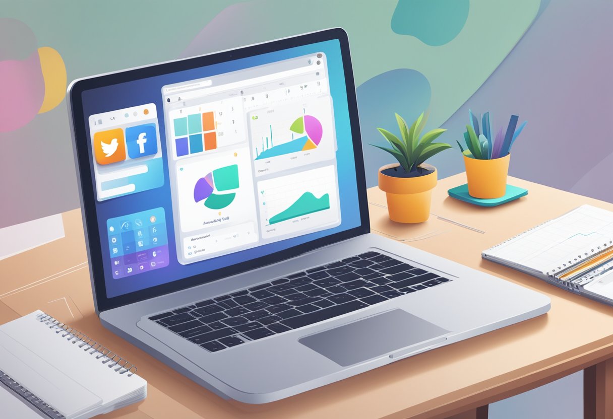 A laptop displaying social media platforms with a graph showing increased engagement. A calendar with scheduled posts and a client list on a desk