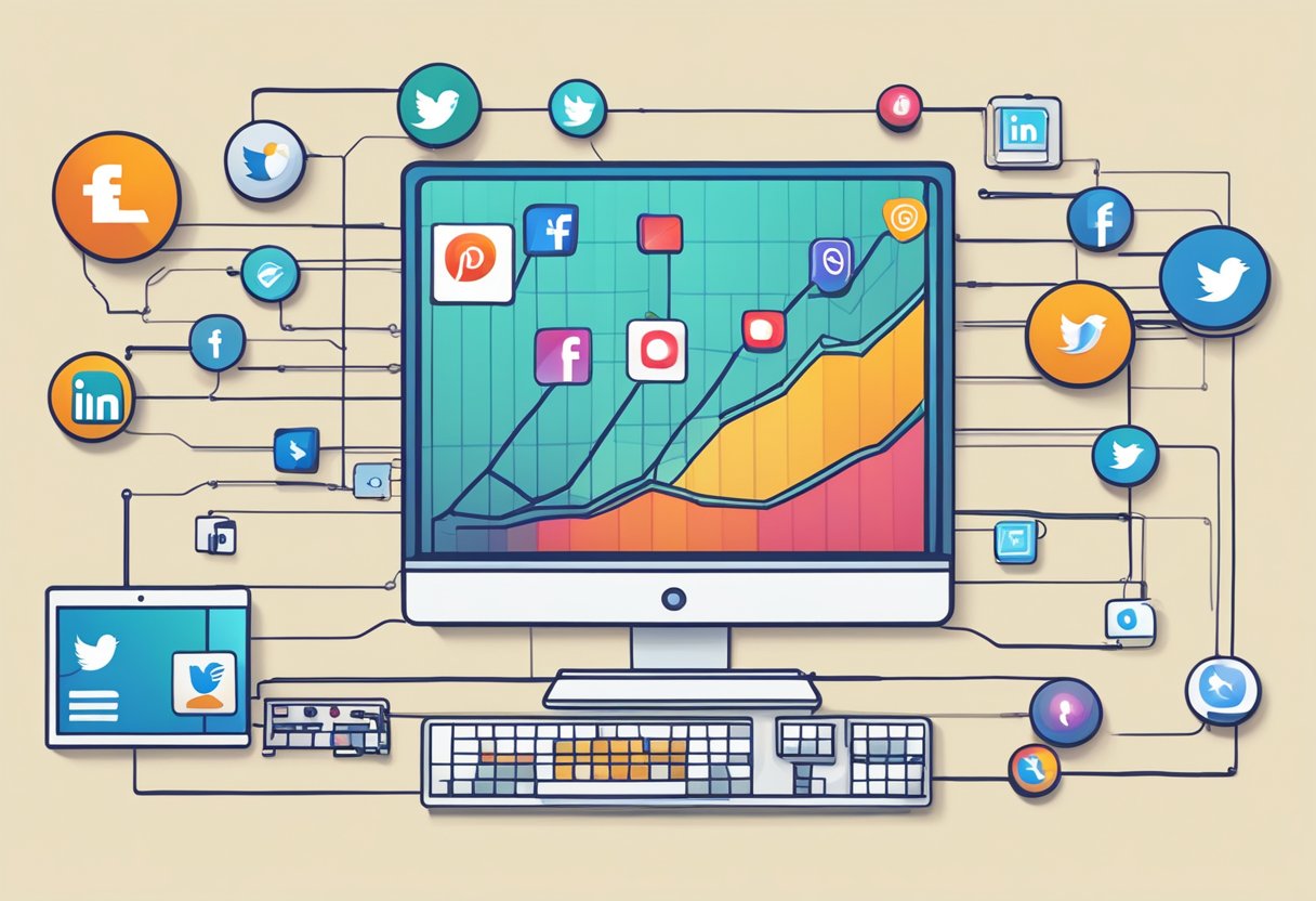 A computer screen displaying various social media platforms with a graph showing exponential growth. Multiple devices connected to a central server