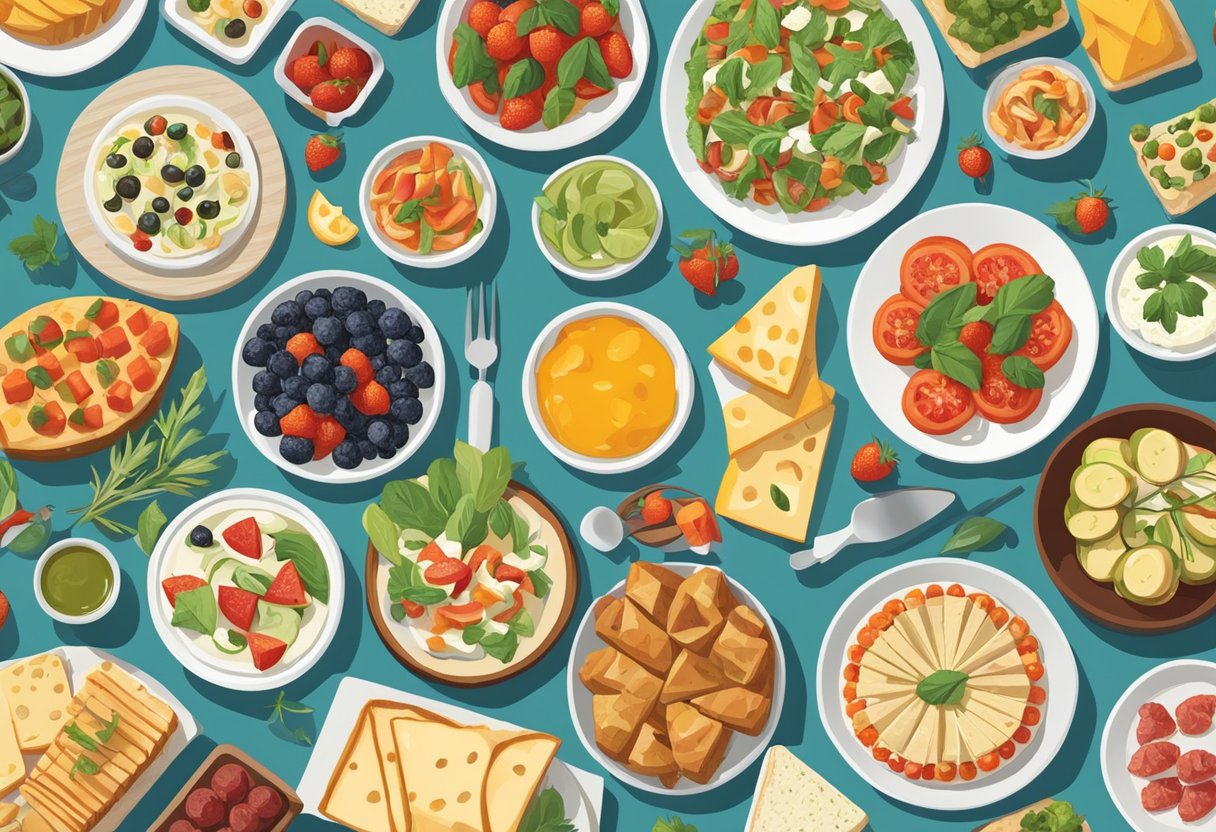 Various appetizers and starters are spread out on a table, including cheese platters, fruit skewers, and bite-sized bruschetta. A colorful array of dishes and utensils are arranged neatly around the food