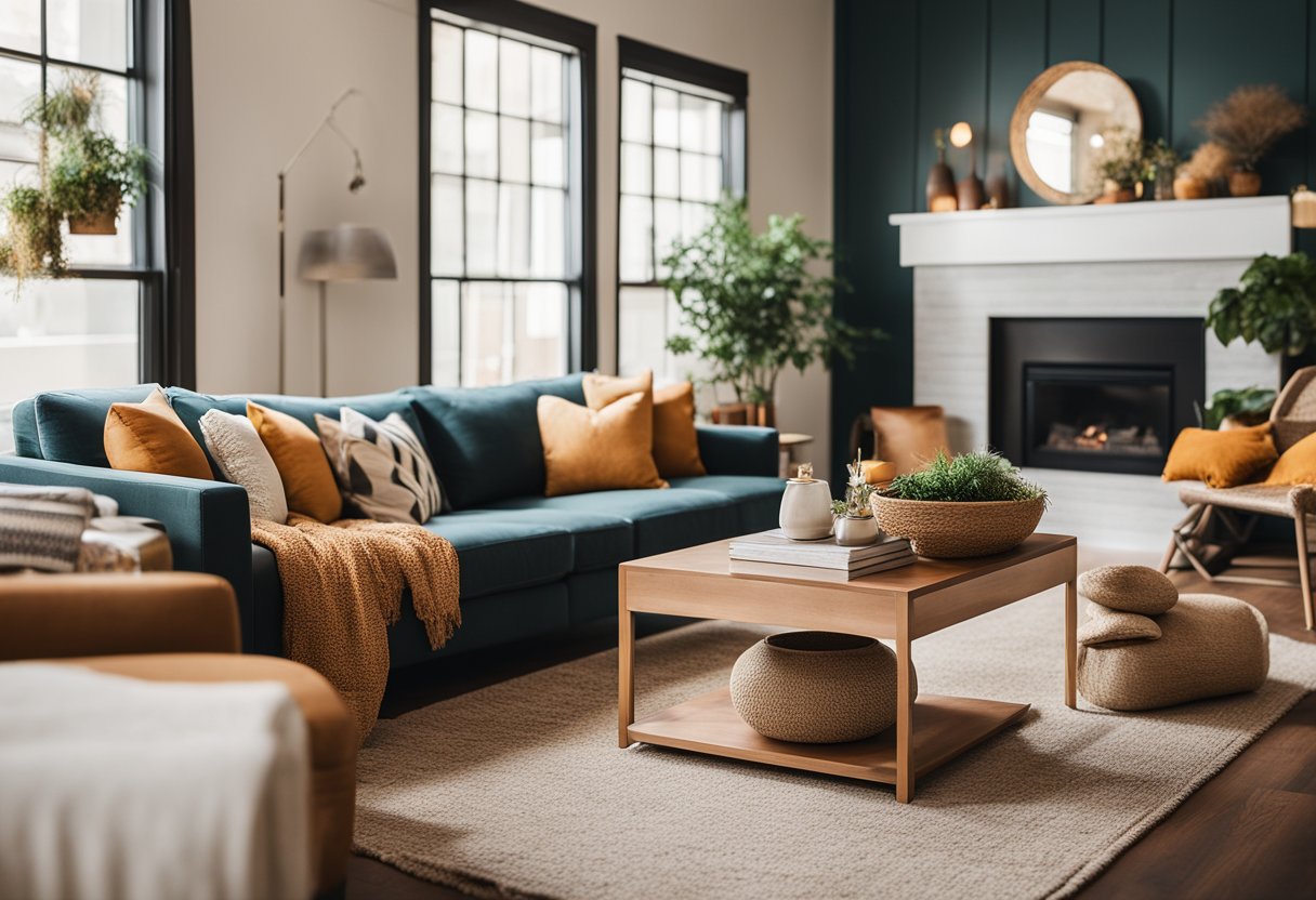 A cozy living room with warm, earthy tones and pops of vibrant color. Natural light floods the space, creating a welcoming and inviting atmosphere