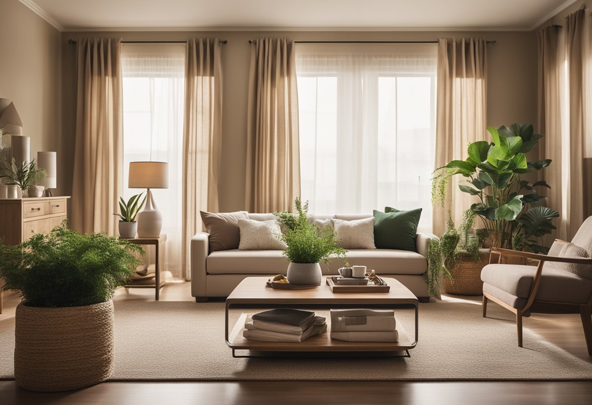 A cozy living room with warm, neutral color scheme. Soft beige walls complemented by earthy brown furniture and accents of green plants. Sunlight filters through sheer curtains, creating a welcoming atmosphere