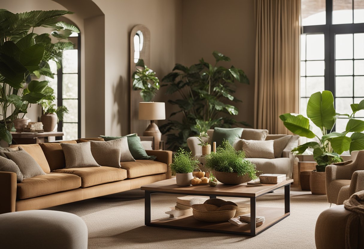 A cozy living room with warm earth tones, featuring a mix of beige, brown, and green accents. Natural light filters in through large windows, casting a soft glow on the comfortable furniture and lush indoor plants