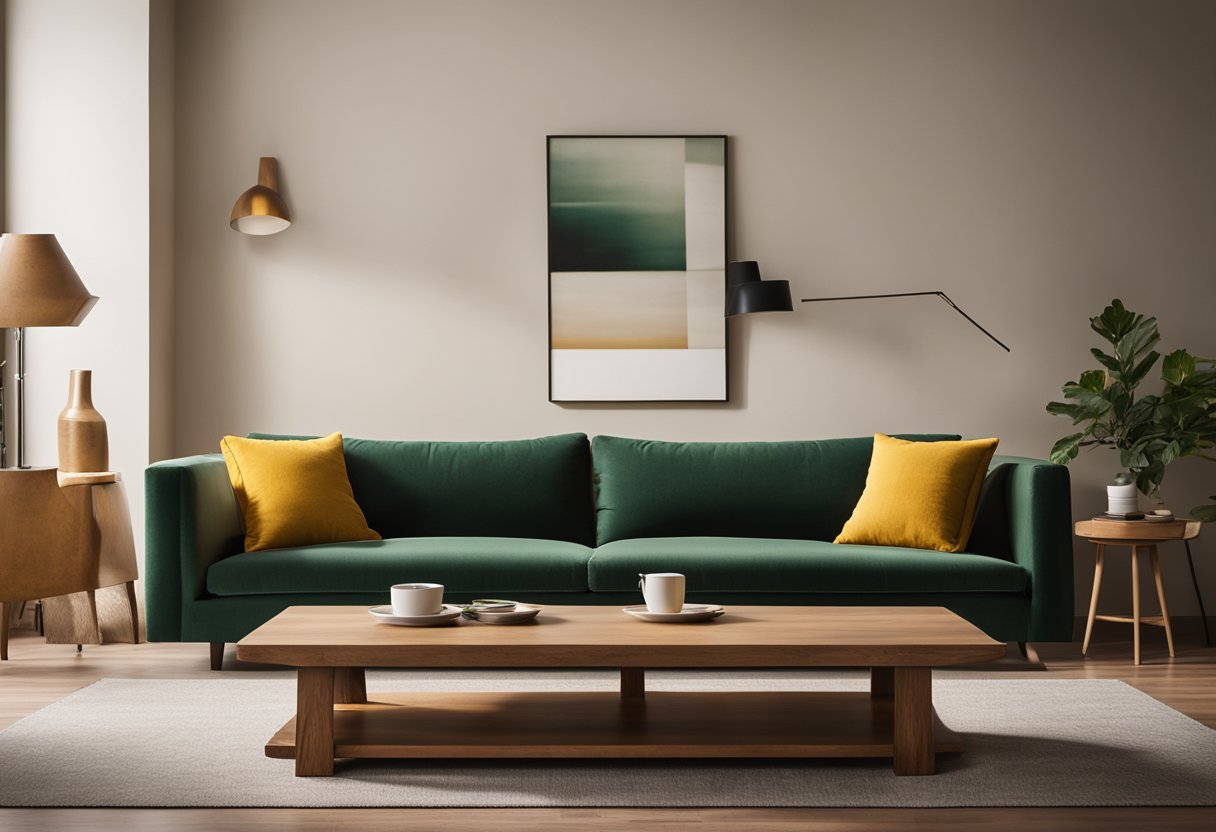 A cozy living room with warm, earthy tones. A plush sofa in deep green, accented with mustard yellow throw pillows. A rustic wooden coffee table and soft, neutral walls