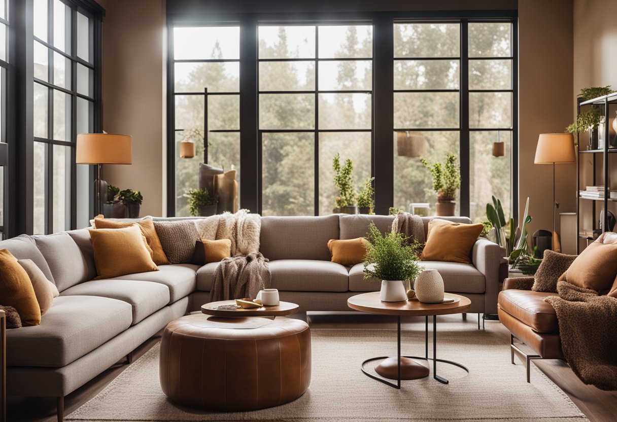 A cozy living room with warm, earthy color tones, accented by pops of vibrant color in the decor. Soft, natural light filters in through the windows, creating a welcoming and inviting atmosphere