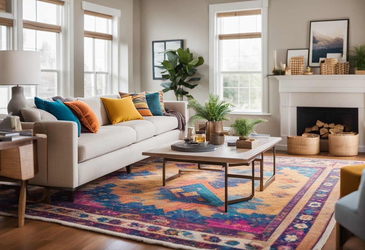 A cozy living room with a neutral sofa and vibrant accent pillows. A colorful area rug ties the room together, while artwork on the walls adds a pop of color